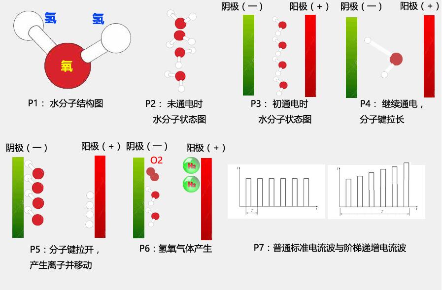  沃克能源氫氧機(jī)水焊機(jī)：電解水生產(chǎn)氫氧氣體微觀過程圖